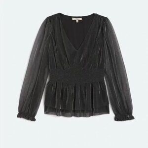 Le Serein Calais Smocked Mesh Long Sleeve Top Shirt Blouse Metallic Small NWT